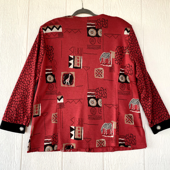 Peter Popovitch Cardigan Womens L Art to Wear Eccentric Zebra Safari Giraffe Red - Picture 6 of 16